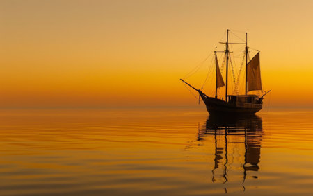 A lone sailing ship sails across the tranquil waters at dusk, casting a serene silhouette against the softly glowing sky.の素材
