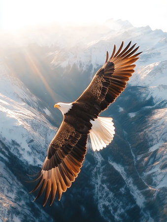A stunning eagle soars above snow capped mountains, its wings spread wide against the clear sky.の素材