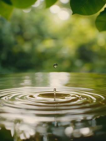A single water droplet creates ripples in a serene pond, surrounded by lush greenery and tranquility.の素材