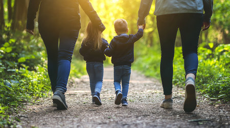 A family walks hand in hand through a sunlit forest, embracing nature and enjoying quality time together.の素材
