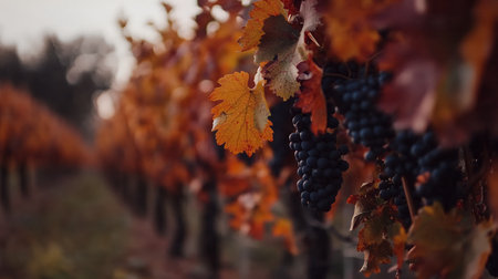 Close-up of ripe grapes hanging in a vineyard during autumn, surrounded by vibrant orange leaves.の素材