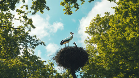 A majestic stork and its chick stand in a high nest surrounded by lush green trees under a clear blue sky.の素材