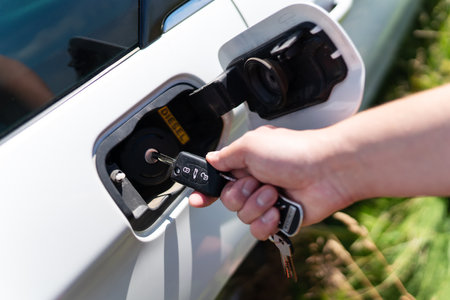 A hand inserts a car key into the fuel filler flap of a white diesel vehicle.の写真素材