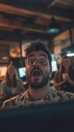 A young Caucasian adult male looks shocked and surprised, likely reacting to an April Fools' Day prank. His expression is comical and perfect for April 1st themed content.の素材