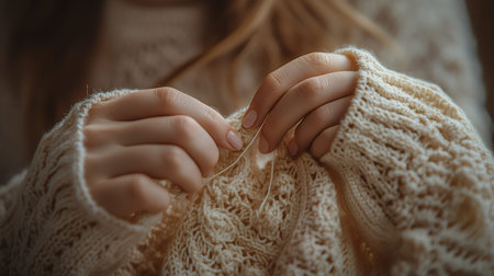 A young Caucasian woman's hands carefully mend a beige knitted sweater. She is engrossed in the intricate details, celebrating International Tatting Day with a cozy craft.の素材
