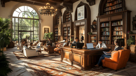 Sunlight floods a grand library, highlighting young adults studying. A picturesque scene captures focused individuals and collaborative learning in a beautiful setting.の素材