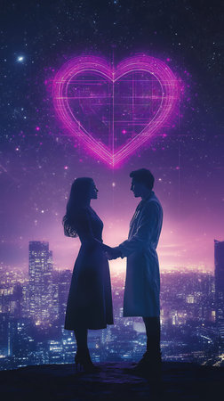 A young adult Caucasian couple stands holding hands against a cityscape at night, a glowing digital heart illuminates the sky above them. A romantic scene perfect for Lupus awareness.の素材