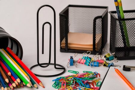 different office supplies for office and studyの写真素材