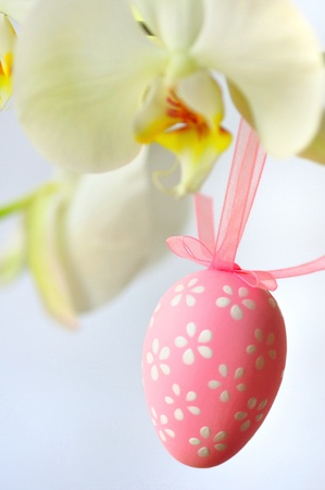 Easter egg with pink decoration hanging on an orchidの写真素材