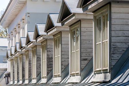 Dormer windows in a row on the pitched roof of a historic building, illuminated by the sun.の写真素材