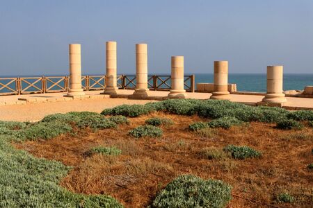Rebuilt column at the city of Caesarea Maritima, Israel, restored by the Mediterranean Sea.