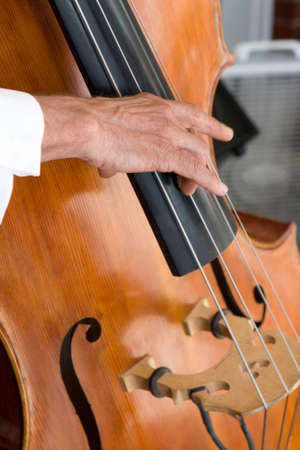 A man's hand plucks a bass fiddle.の写真素材