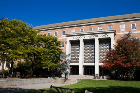 Student walks toward the entrance of the biology and psychology education building on the campus of the University of Maryland in College Park, MD, USA のeditorial素材