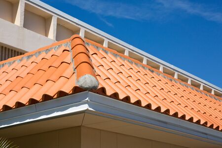 Detail of an overlapped barrel tile roof with cement mortared joints.