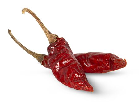 Dried red chili or chilli cayenne pepper isolated on white background cutout の写真素材