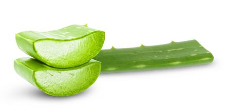 Aloe vera fresh leaves with slices on white background. full depth of field の写真素材