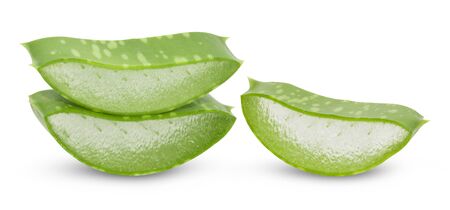 Aloe vera fresh leaves with slices on white background. full depth of fieldの写真素材