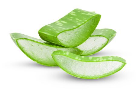 Aloe vera fresh leaves with slices on white background. full depth of field の写真素材