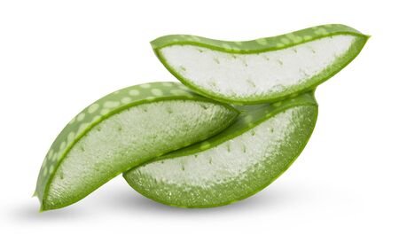 Aloe vera fresh leaves with slices on white background. full depth of fieldの写真素材