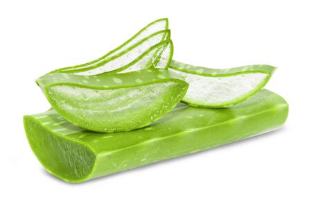 Aloe vera fresh leaves with slices on white background. full depth of field の写真素材