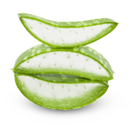 Aloe vera fresh leaves with slices on white background. full depth of field の写真素材