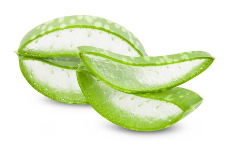 Aloe vera fresh leaves with slices on white background. full depth of field の写真素材