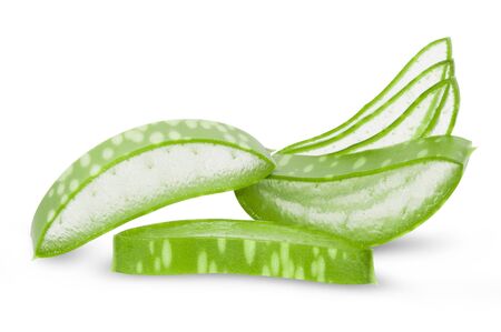 Aloe vera fresh leaves with slices on white background. full depth of field の写真素材