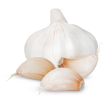 Isolated garlic. Raw garlic with segments isolated on white backgroundの写真素材