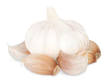 Isolated garlic. Raw garlic with segments isolated on white backgroundの写真素材