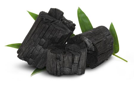 Natural wood charcoal, traditional charcoal or hard wood charcoal isolated on white backgroundの写真素材