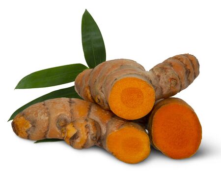 Raw turmeric (Curcuma longa Linn) ingredients for making herbal medicine isolated on white backgroundの写真素材