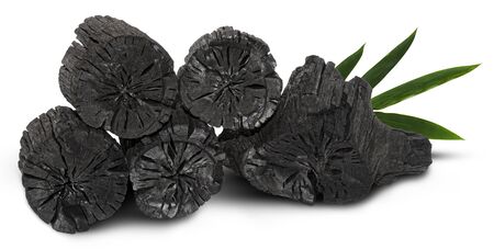 Natural wood charcoal, traditional charcoal or hard wood charcoal isolated on white background,の写真素材