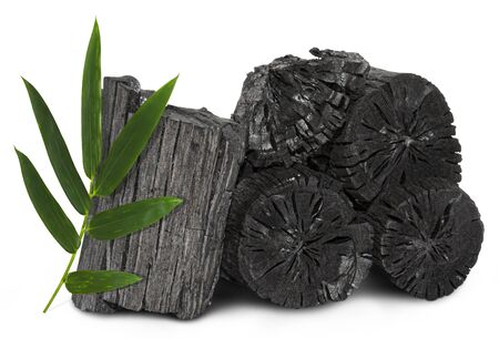 Natural wood charcoal, traditional charcoal or hard wood charcoal isolated on white background,の写真素材