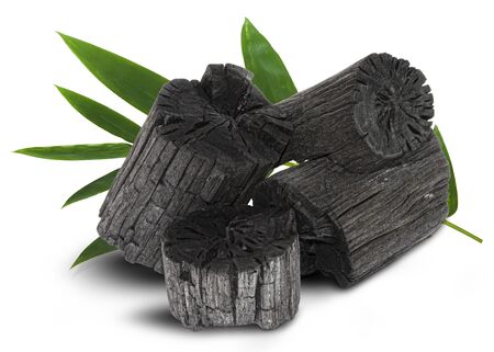 Natural wood charcoal, traditional charcoal or hard wood charcoal isolated on white background,の写真素材