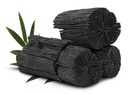 Natural wood charcoal, traditional charcoal or hard wood charcoal isolated on white background,の写真素材