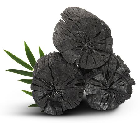 Natural wood charcoal, traditional charcoal or hard wood charcoal isolated on white background,の写真素材