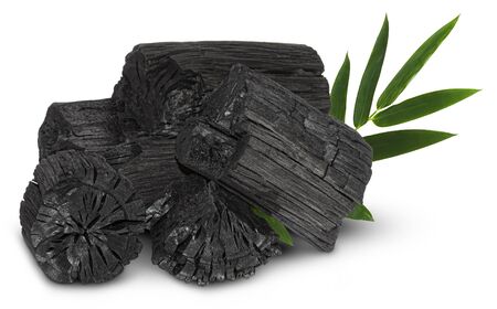 Natural wood charcoal, traditional charcoal or hard wood charcoal isolated on white background,の写真素材