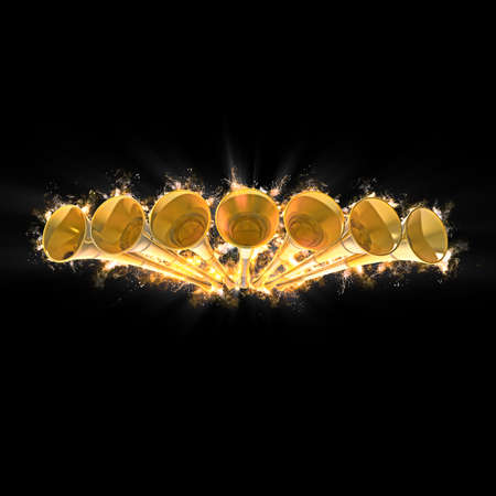 Seven 7 Trumpets Golden Fire Revelation Warning Vuvuzela Horn 3D Illustrationの写真素材