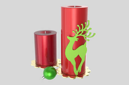 Christmas Candles with Golden Base and Deer for Decoration 3D Illustrationの写真素材