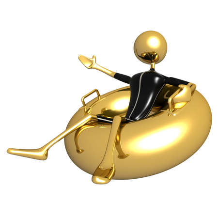 Golden doll seated on a beach buoy on vacation holiday free time (3D Illustration)の写真素材