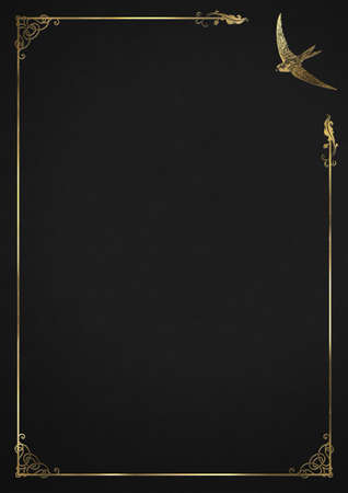 Black Letterhead with Swallow and Ornaments Embossed Goldの写真素材