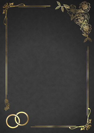 Wedding Invitation Background with Golden Floral Frame and Rings - Greyの写真素材