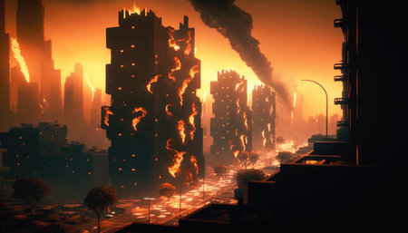 City with tall towers destroyed with fire apocalypse the end of the world HQの素材