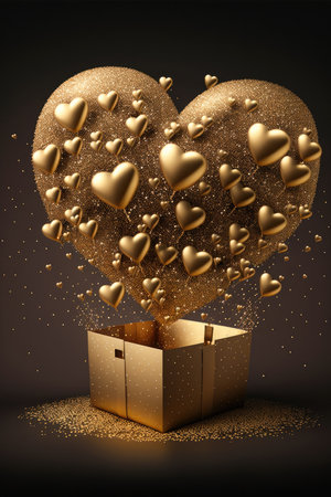 Box with Golden Hearts and Golden Effects Romantic and Luxury Ambiance Postcard Background HQの素材