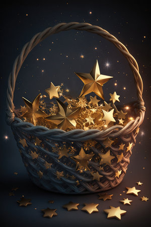 Basket full of golden ornaments and stars festive Christmas season Illustration HQの素材