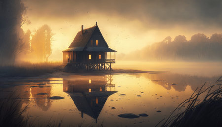 Painting of a wooden house by the river in dawn of the sun with a misty haze HQの素材