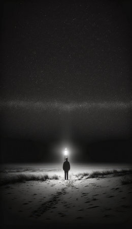 A man standing in the middle of a dark following the path to light HQの素材