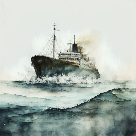 Watercolor Nautical Ship Coastal in the Ocean Seascape Painting HQの素材