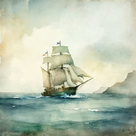 Watercolor Nautical Ship Coastal in the Ocean Seascape Painting HQの素材