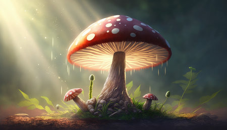 Amanita Mushroom in the garden with a flare sun rays effects HQの素材